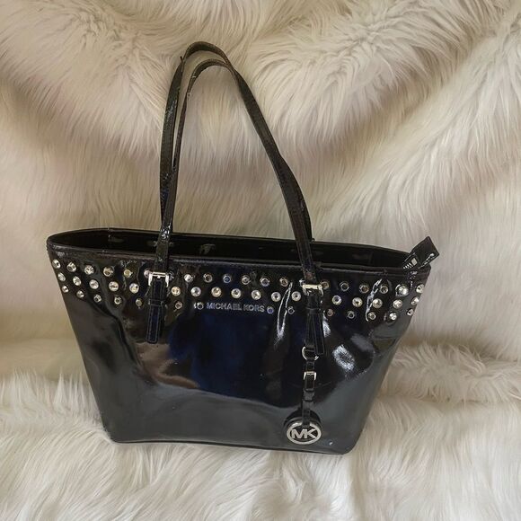 Michael Kors black patent  medium tote with jewels and silver tone studs accents - Picture 3 of 14